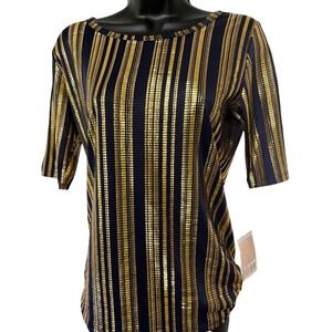 LuLaRoe Gigi Top Women's Small Navy Gold Striped Boat Neck Fitted Tee‎